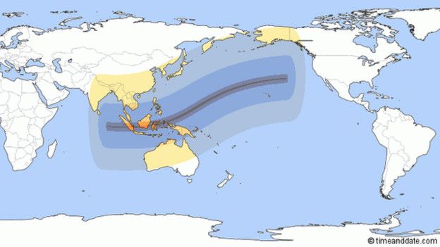 Карта траектории движения затмения - с запада на восток