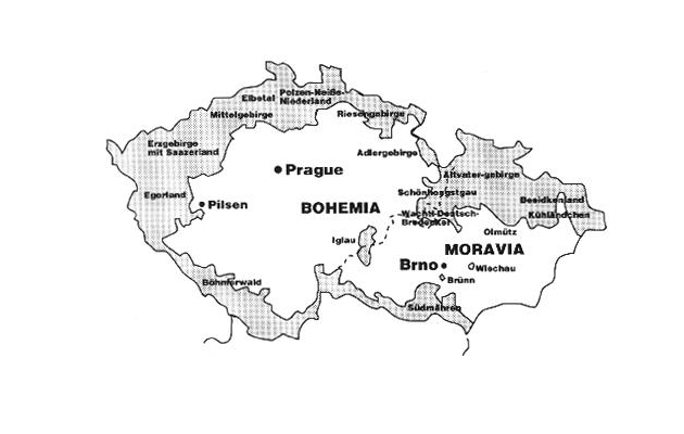 Чехословаччина, 1938. Судетська область на карті виділена сірим кольором