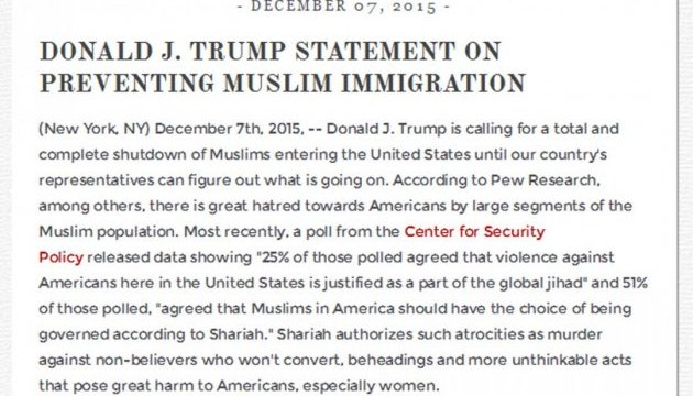 Обіцянка Трампа не впускати мусульман до США знову з'явилася на його сайті