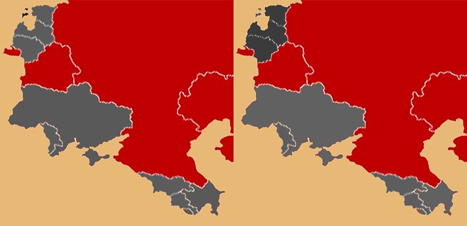 Рис.4. Республики, отказавшиеся подписать договор ССГ (слева) и страны, подвергшиеся гибридной агрессии Кремля (справа) Рис.4. Республики, отказавшиеся подписать договор ССГ (слева) и страны, подвергшиеся гибридной агрессии Кремля (справа)