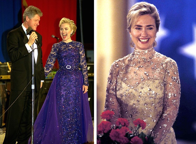 Зліва: в 1993 році сукню Хілларі пошила Сара Філіпс. Справа: в 1997 році, коли її чоловік пішов на другий термін, вбрання для місіс Клінтон створив визнаний гуру вечірньої моди Оскар де ла Рента. Фото: EAST NEWS