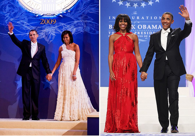 Зліва: Мішель і Барак на інавгурації в 2009 році. Справа: в 2013-му. Обидва рази плаття для першої леді шив дизайнер Джейсон Ву. Фото: GLOBAL LOOK PRESS