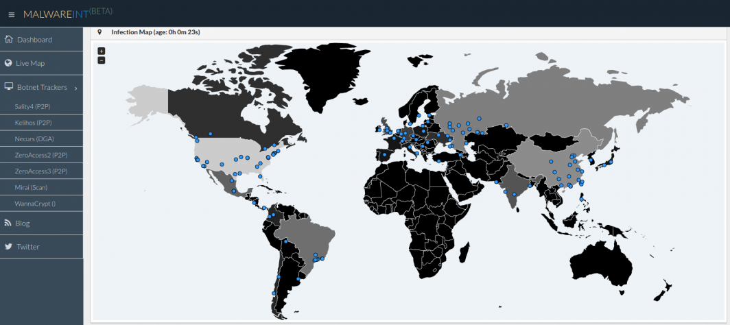 Інтерактивна карта розповсюдження вірусу WannaCrypt світом // Фото: https://intel.malwaretech.com/botnet/wcrypt 