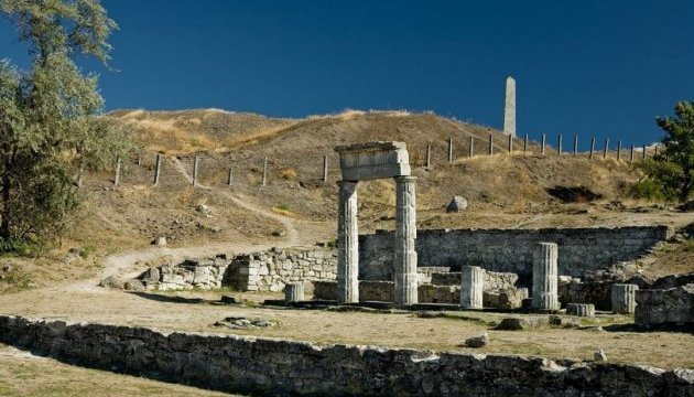 Ruins of ancient Panticapaeum in Crimean town of Kerch on fire