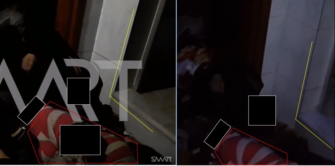 Тот же дверной проем, что виден на Видео 1 и 2, виден и на Видео 3. Лица заретушированы. Слева: Видео 3, справа: Видео 1 Тот же дверной проем, что виден на Видео 1 и 2, виден и на Видео 3. Лица заретушированы. Слева: Видео 3, справа: Видео 1