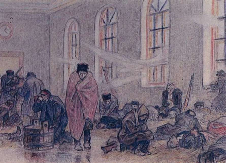 Малюнок Леоніда Перфецького “Станція Жмеринка, хворі на тиф” (1919)
