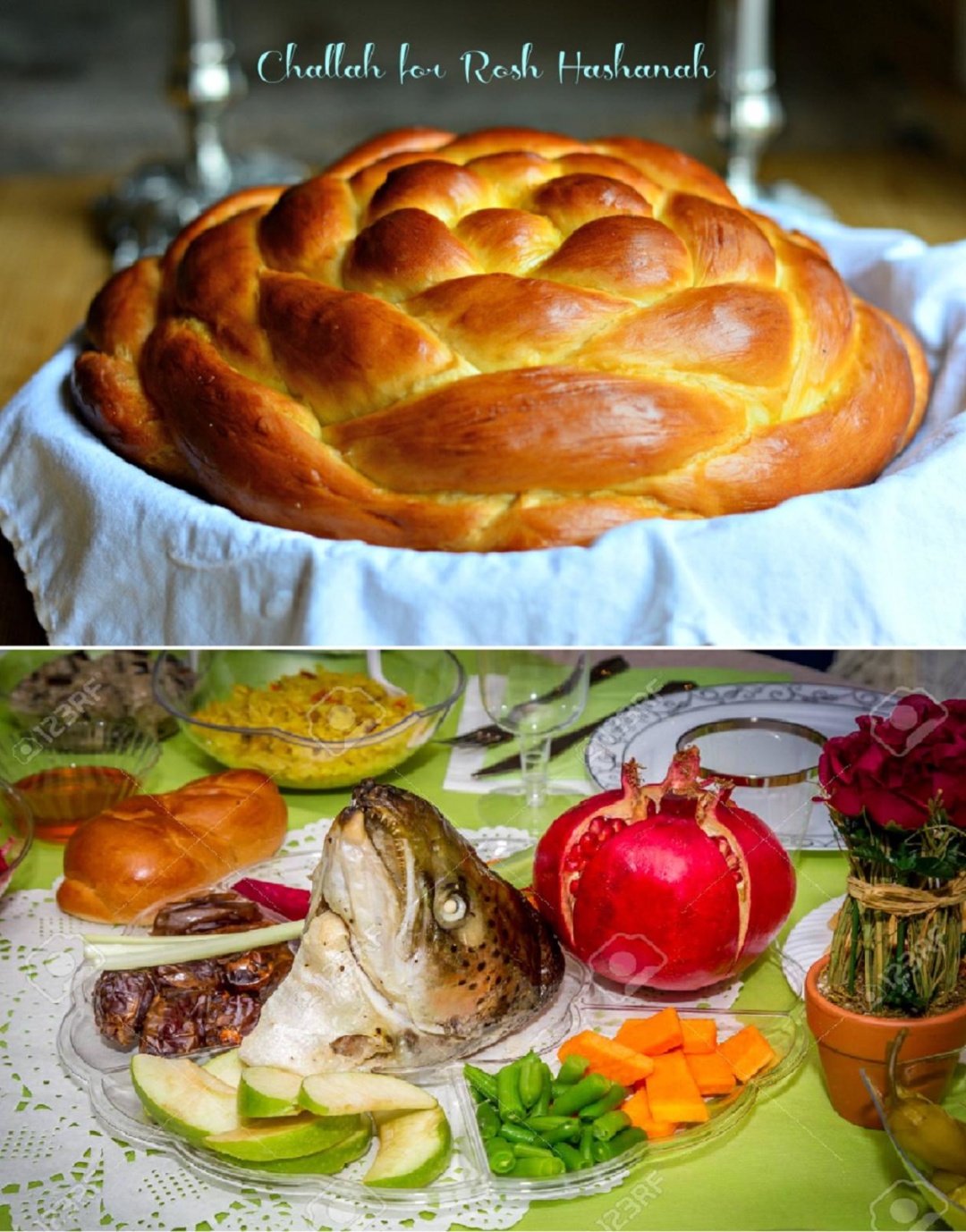 Традиційні страви на Рош га-Шана: плетена хала исмволізує циклічність часу, морква - монети, зернятка граната - людські чесности