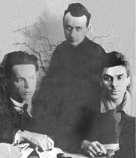 У редакції журналу «Всесвіт» (зліва) - Олександр Довженко, Кость Гордієнко, Микола Хвильовий, Харків, 1925 р. А