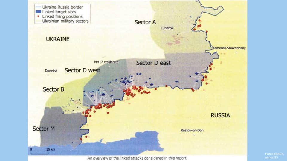 ベリングキャット報告書にあるロシア領からウクライナ領への砲撃地点を示す図
