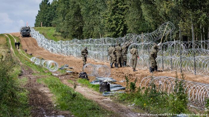 Польські прикордонники встановлюють паркан на кордоні з Білоруссю / Фото: SOPA