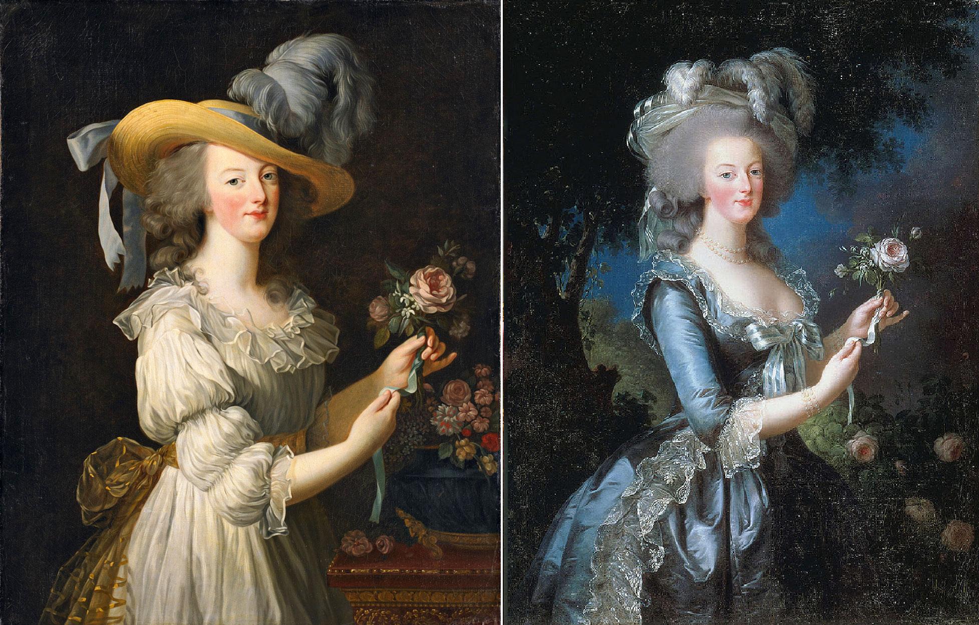 Два портрета Марии-Антуанетты работы Элизабет Виже-Лебрен. Полотно слева автору пришлось переделывать - слишком простое платье и соломенную шляпку сочли неподобающими для изображения королевы