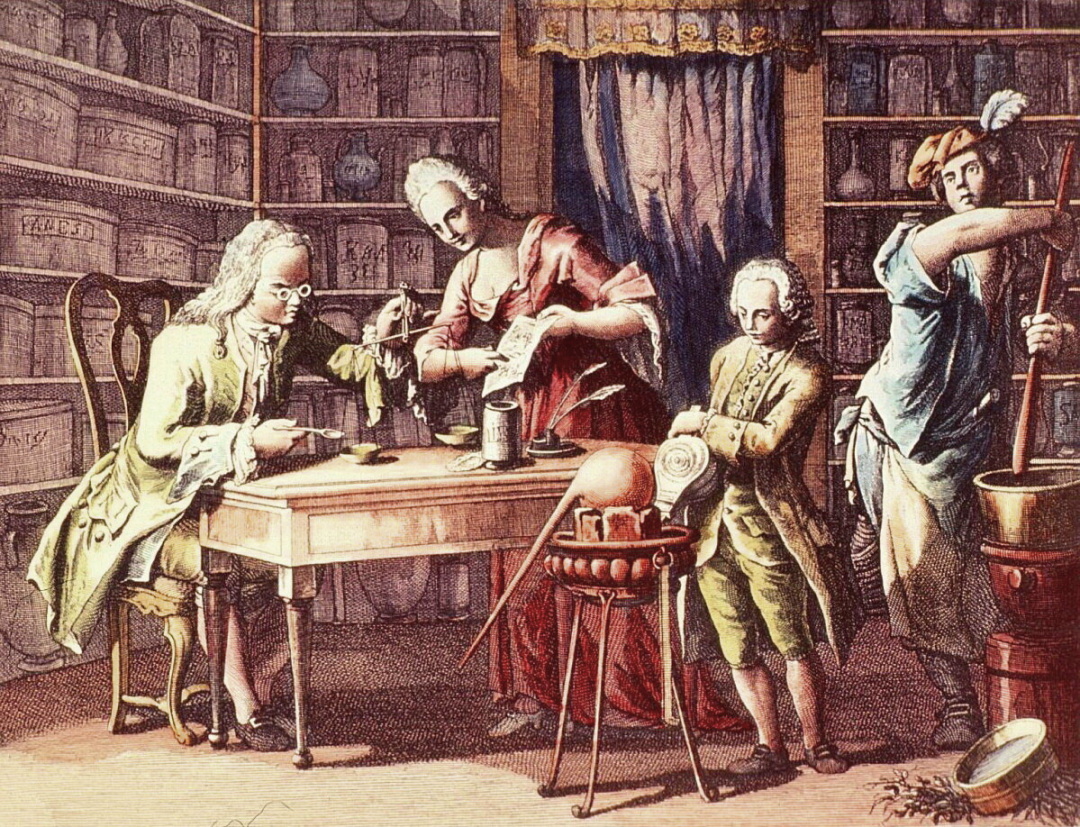 Приготування ліків, гравюра, XVIII ст.