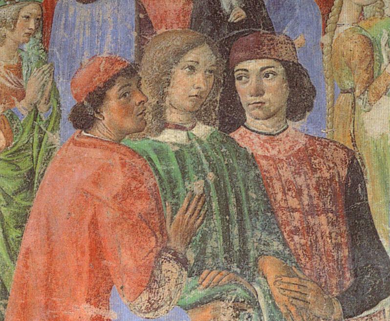 Марсиліо Фічіно, Джованні Піко делла Мірандола та Аньоло Поліціано, зображені Козімо Росселлі в каплиці Чуда Святого Причастя у Флоренції