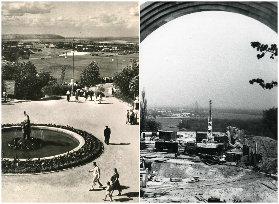 Ліворуч - фонтан «Слоник» у Піонерському парку. Поштівка 1956 р. Праворуч - Спорудження монументу «дружби народів». Фото з колекції М.Кальницького, початок 1980-х рр.