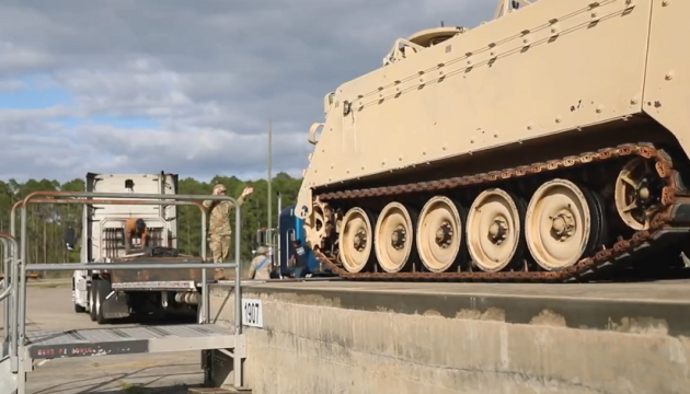 U.S. armored personnel carriers prepared for shipment to Ukraine 