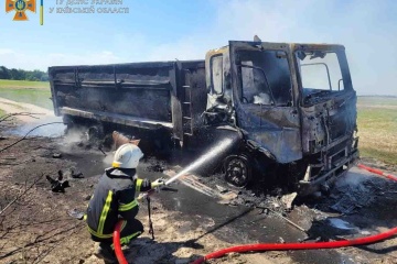 Truck blows up after hitting mine in Kyiv region