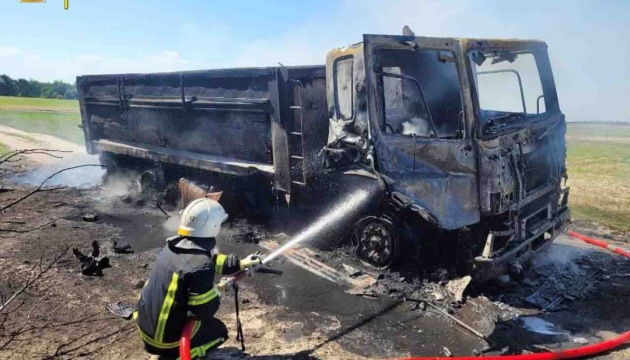 Truck blows up after hitting mine in Kyiv region