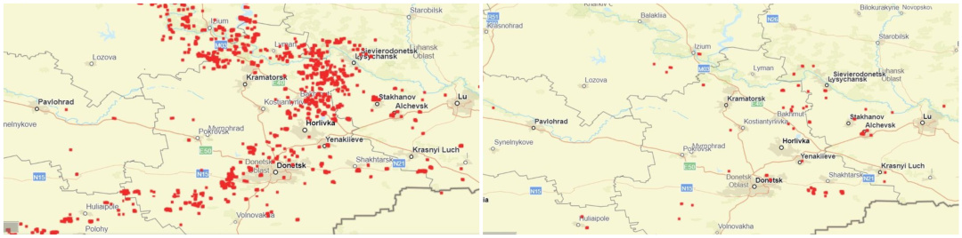 На Донбасі спостерігається величезне скорочення вогню. Ліворуч - інтенсивність вогню протягом 7–9 липня, а праворуч - протягом 10–12 липня // Джерело: Phillips P. OBrien