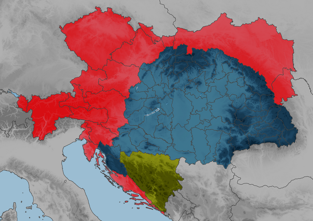 Цислейтанія - землі австрійської корони, показана червоним кольором