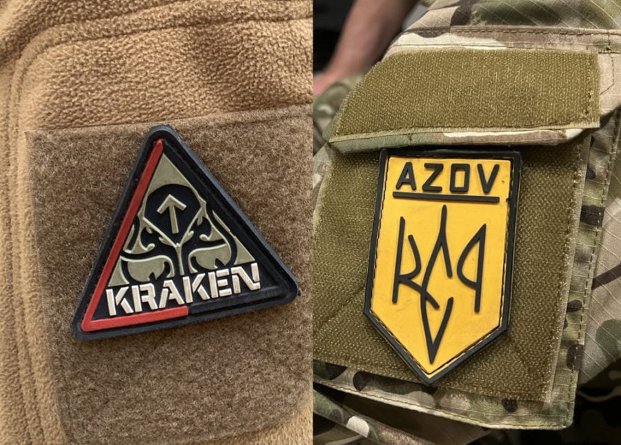 Офіційний шеврон спецпідрозділу “KRAKEN” (зліва) та неофіційний азовський нарукавний знак, що також використовується бійцями (справа)