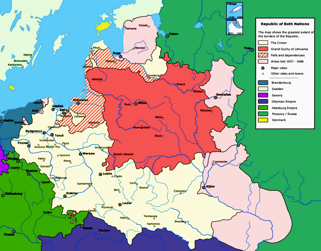 мапа Великого князівства Руського у складі конфедерації із Реччю Посполитою та Великим князівством Литовський