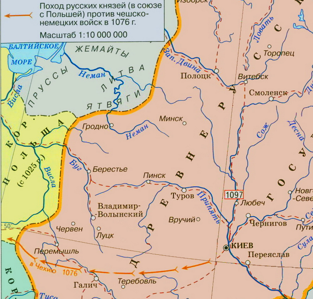 Мапа чеського походу Володимира Мономаха, 1076 р.