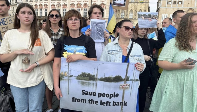 Activists rally in Prague highlighting Russia’s terror attack on Kakhovka HPP