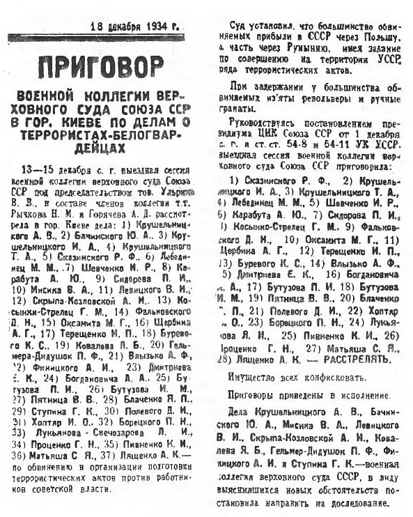 Вирок у справі білогвардійців-терористів, харківська газета “Красное знамя”, від 18 грудня 1934 р.