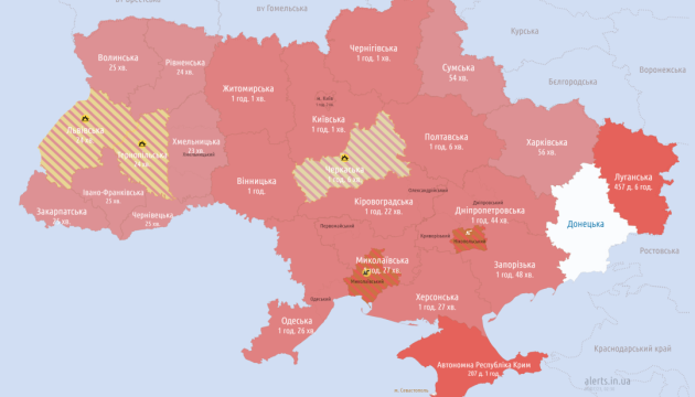 Повітряна тривога оголошена майже по всій території України,  в областях працює ППО