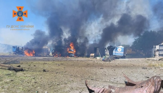Russians twice attack enterprise near Zaporizhzhia, huge fire breaks out