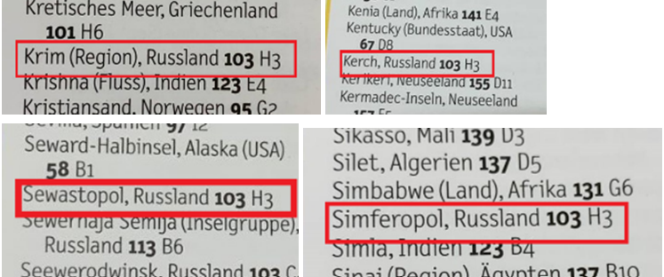 Weltatlas National Geographic Kids states that the Crimean cities are part of Russia in the index of geographical names at the end of the Atlas.