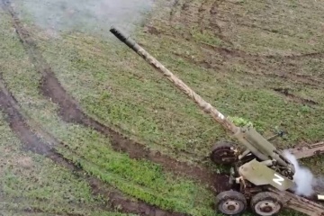 Ukrainian Armed Forces destroy a camouflaged Russian 'Giatsint-B' cannon