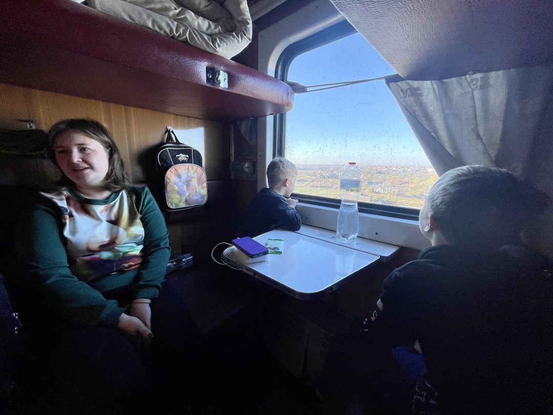 Zina, Andrii, and Kostia on the Kyiv-Kherson train
