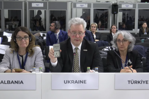 Представник України на засіданні ОБСЄ продемонстрував спалене Росією зерно в Ізмаїлі