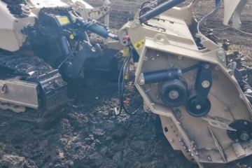 Mine clearance vehicle damaged after driving over anti-tank mine near Izium