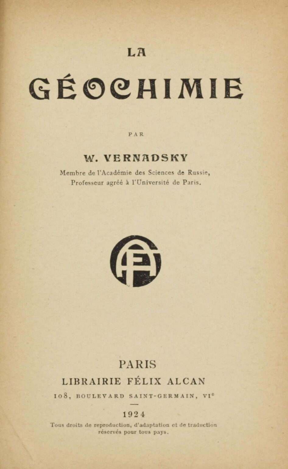 Титульна сторінка французького видання «Геохімії» (1924) Володимира Вернадського. Джерело: AbeBooks