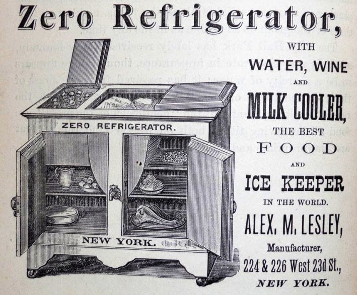 Реклама американської домашньої холодильної шафи ХІХ ст. Мабуть, дещо подібними були і домашні холодильні шафи киян.