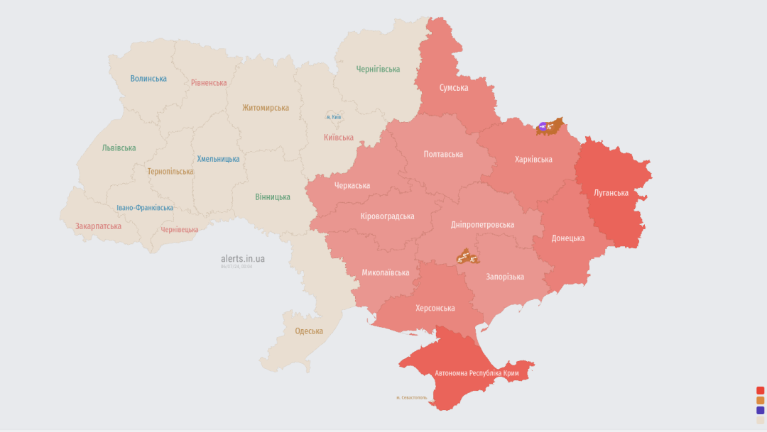 Карта повітряних тривог станом на 00:02