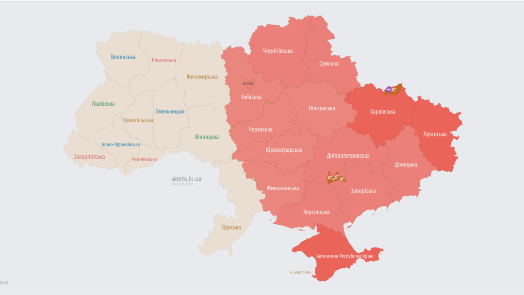 Актуальна карта повітряних рривог станом на 00:01  31 липня