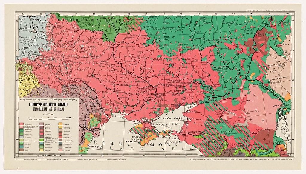 Мапа розселення українців, 1940 рік, . Малиновий колір – терени розселення українців. Джерело: Вікіпедія