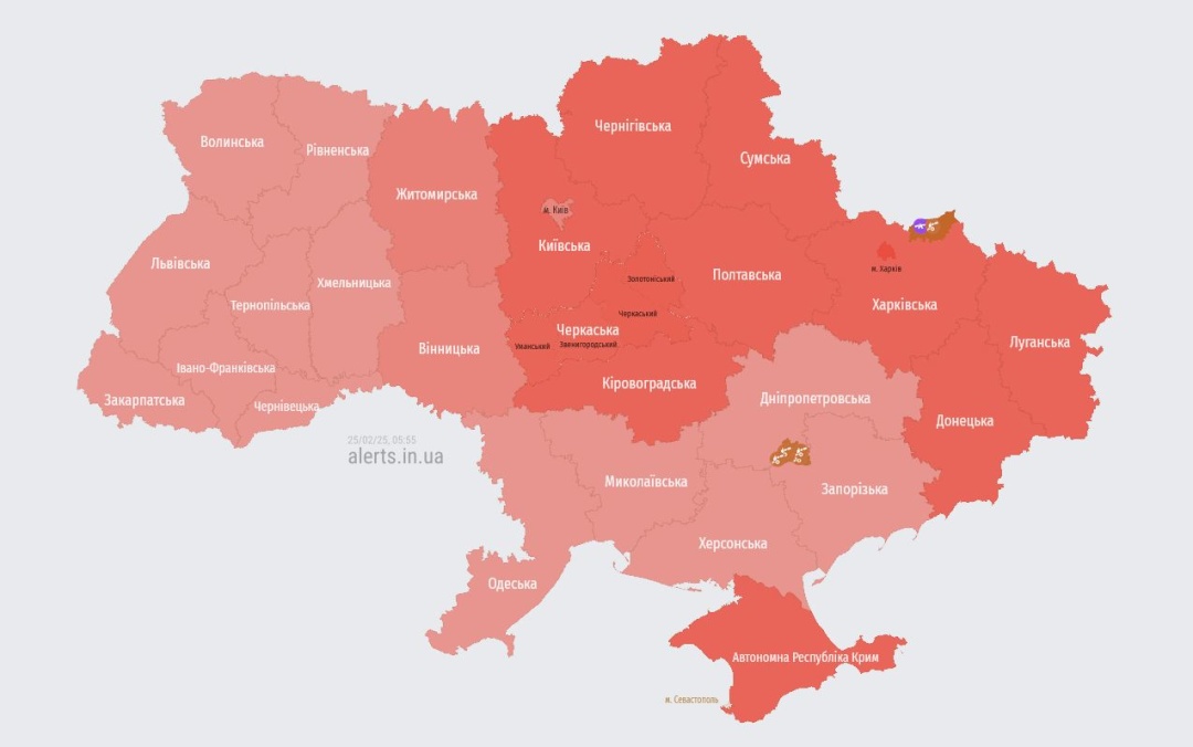 Мапа повітряних тривог за станом на 05:55 / Джерело: https://alerts.in.ua/ Мапа повітряних тривог за станом на 05:55 / Джерело: https://alerts.in.ua/