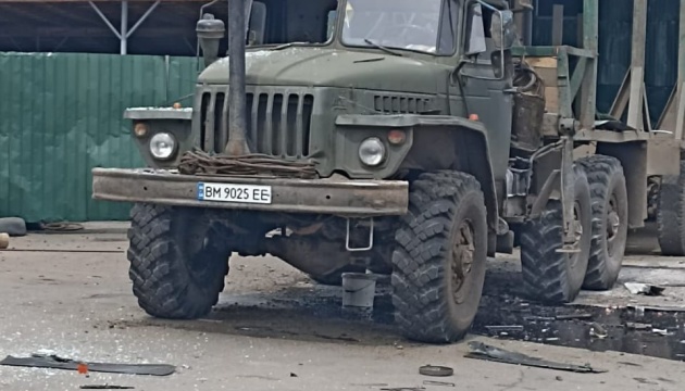 Drone hits logging vehicle in Sumy