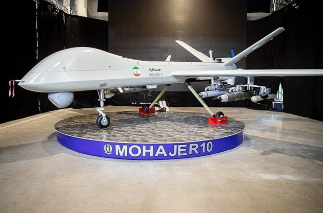 Іранський безпілотник Mohajer-10 під час презентації у 2023 році. Фото з відкритих джерел. Іранський безпілотник Mohajer-10 під час презентації у 2023 році. Фото з відкритих джерел.