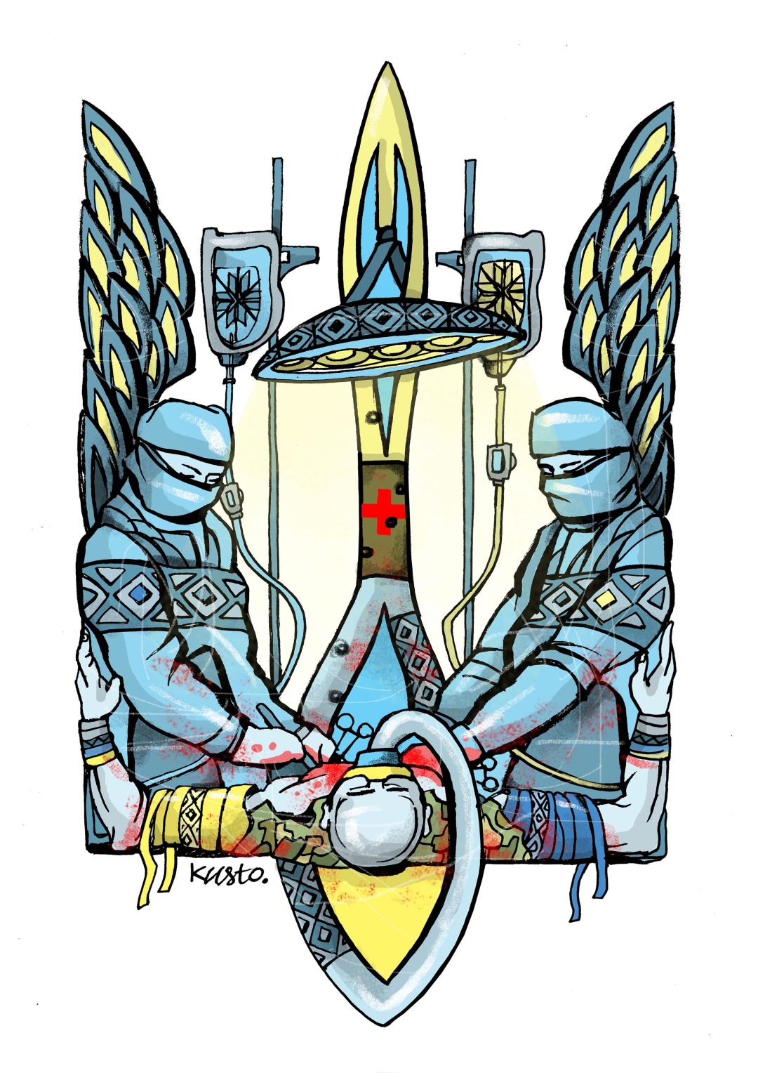 Тризуб розкрився, мов груди країни. Його крила -  хірурги-янголи, вони рятують не лише тіло солдата, а й розірвану плоть країни. Знак стає скальпелем і шрамом, молитвою й кров’ю, яка відновлює життя.