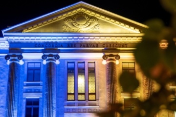 Latvian Foreign Ministry building illuminated in colors of Ukrainian flag