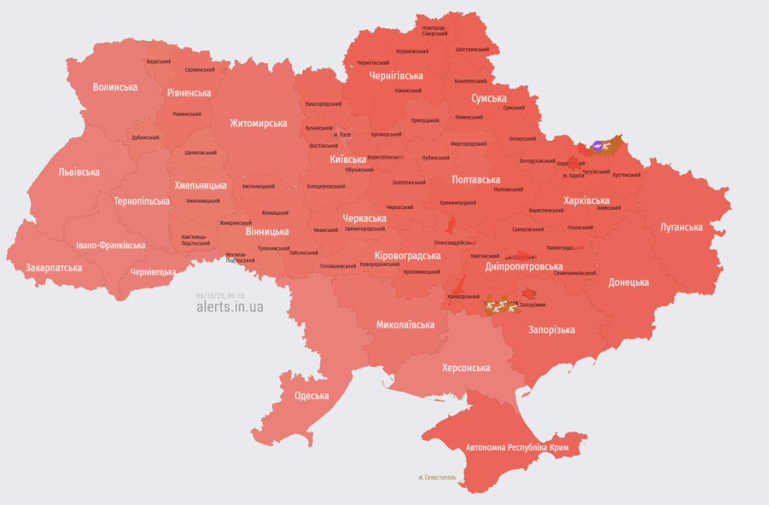 Актуальна мапа повітряних тривог станом на 06:10 / Джерело: https://alerts.in.ua/