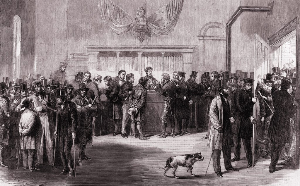 На призовному пункті в Нью-Йорку в 1863 р. Натовпи призовників намагаються отримати від чиновника звільнення від військової служби. Фото: historynet.com На призовному пункті в Нью-Йорку в 1863 р. Натовпи призовників намагаються отримати від чиновника звільнення від військової служби. Фото: historynet.com