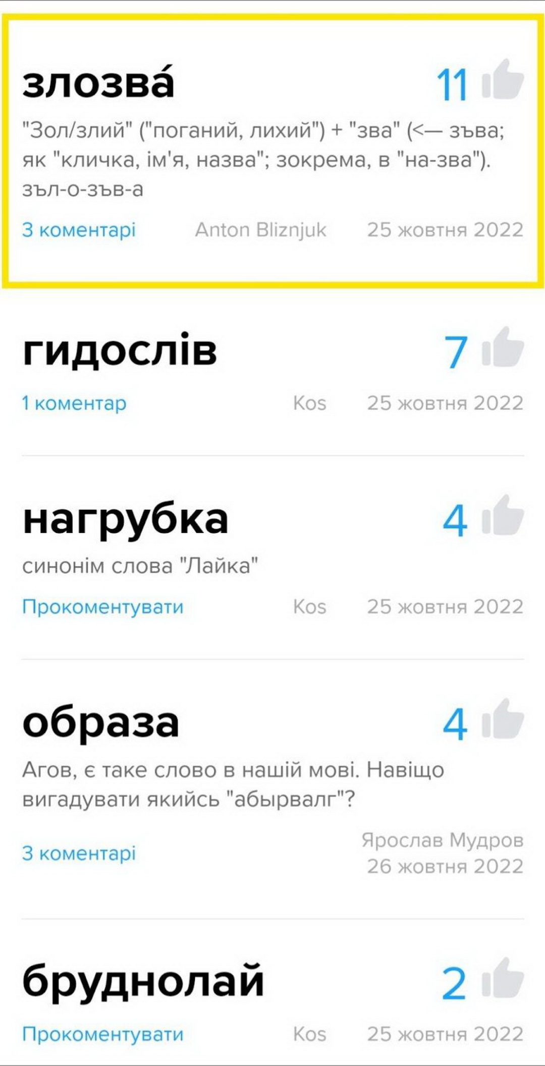 Варіанти від користувачів українських відповідників терміну «слюр» на відкритій платформі «Словотвір»