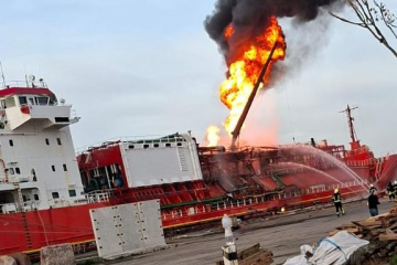 Gas transfer equipment burning on board Turkish-flagged vessel after Russian attack on Izmail port