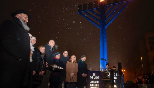 Hanukkah menorah lit on Kyiv's Independence Square